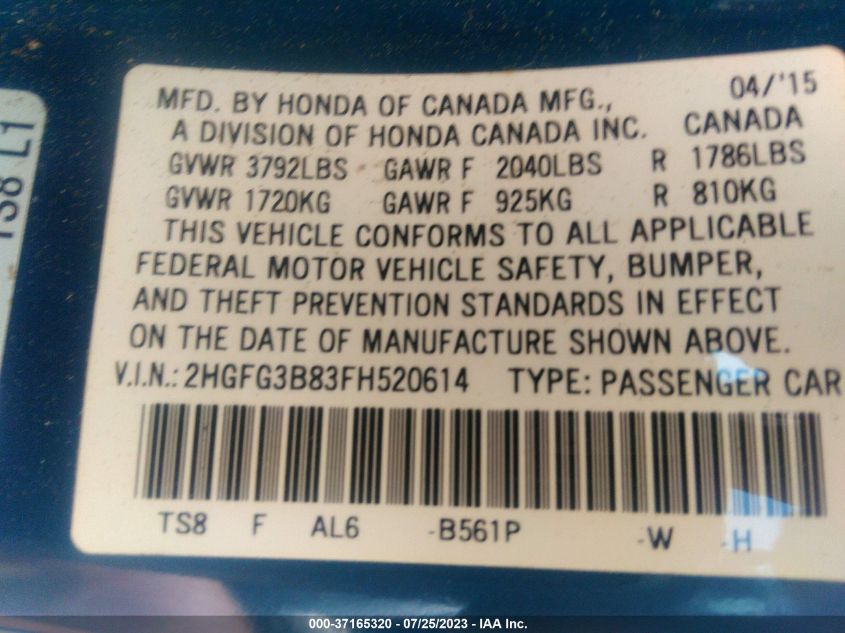 2015 HONDA CIVIC COUPE EX - 2HGFG3B83FH520614