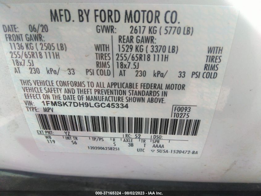 2020 FORD EXPLORER XLT - 1FMSK7DH9LGC45334