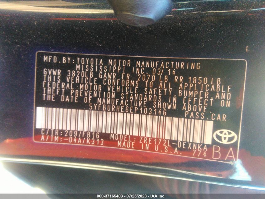 2014 TOYOTA COROLLA L/LE/S/S PLUS/LE PLUS - 5YFBURHE6EP103146