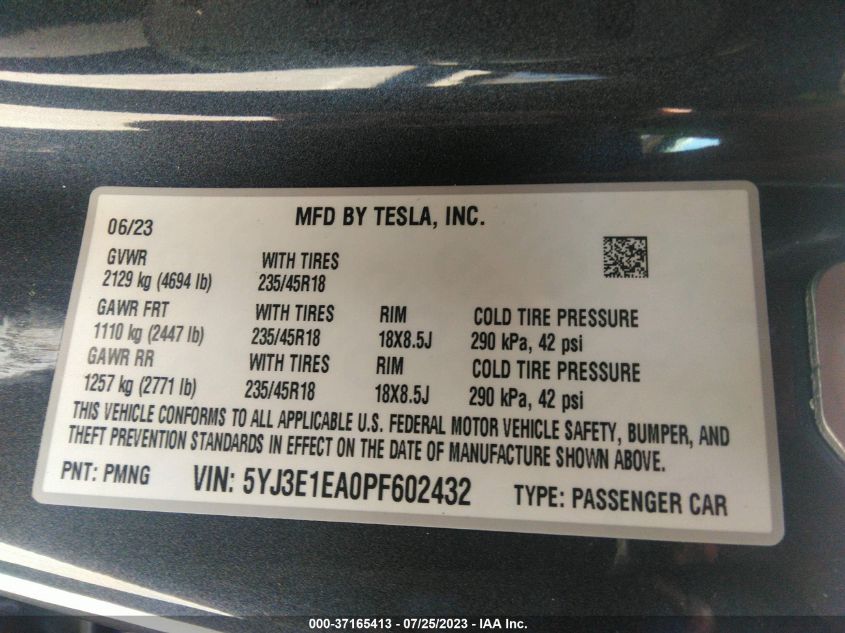 2023 TESLA MODEL 3 - 5YJ3E1EA0PF602432