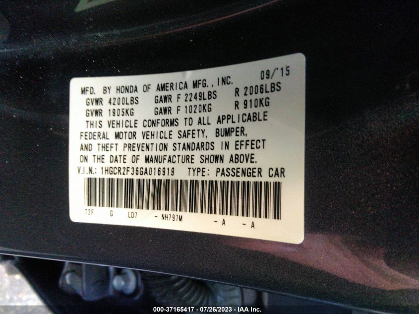 2016 HONDA ACCORD SEDAN LX - 1HGCR2F36GA016919