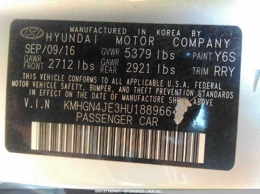 2017 GENESIS G80 3.8L KMHGN4JE3HU188966