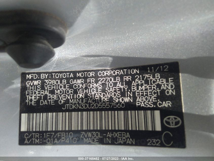 2013 TOYOTA PRIUS ONE/TWO/THREE/FOUR/FIVE - JTDKN3DU2D5557560