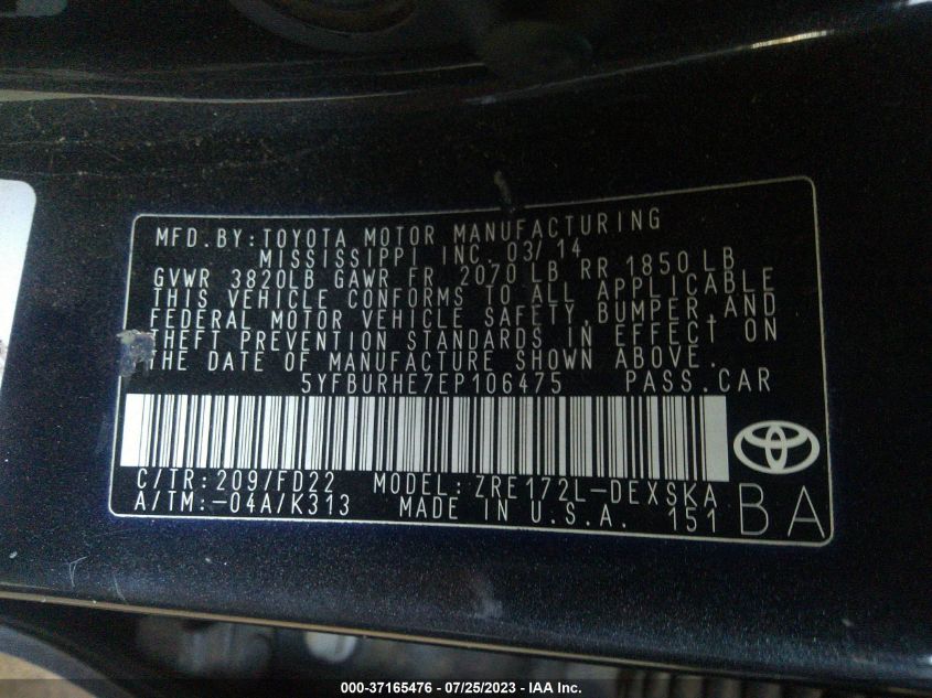 2014 TOYOTA COROLLA L/LE/LE PLS/PRM/S/S PLS - 5YFBURHE7EP106475