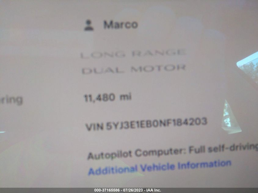 2022 TESLA MODEL 3 LONG RANGE - 5YJ3E1EB0NF184203