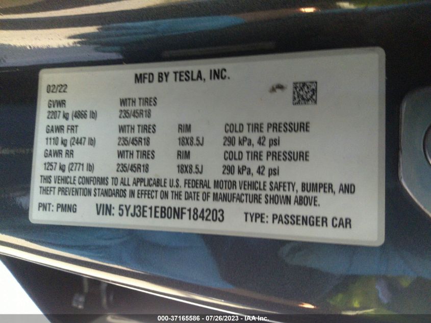 2022 TESLA MODEL 3 LONG RANGE - 5YJ3E1EB0NF184203
