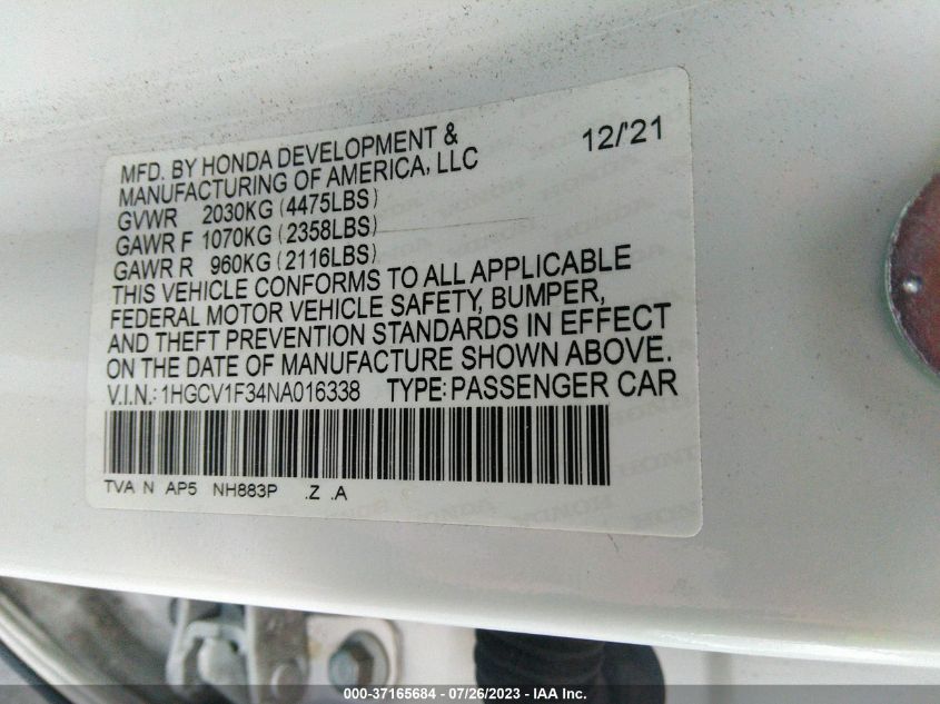 2022 HONDA ACCORD SEDAN SPORT - 1HGCV1F34NA016338