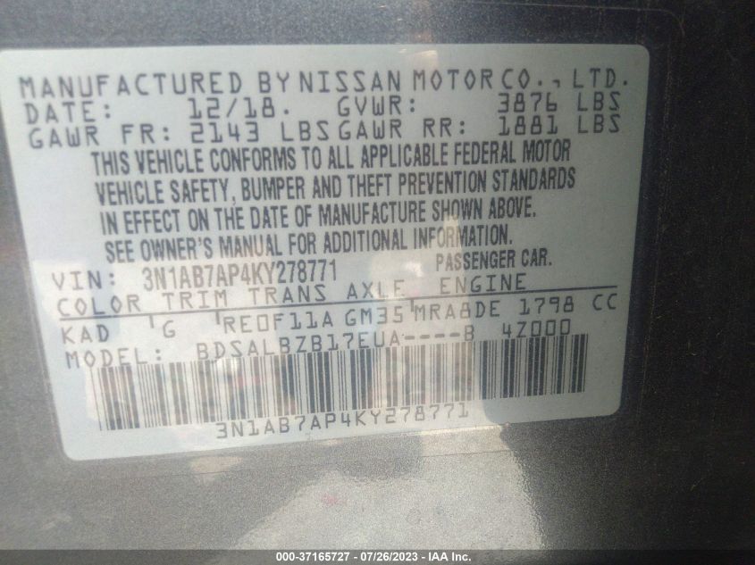 2019 NISSAN SENTRA S/SV/SR/SL - 3N1AB7AP4KY278771
