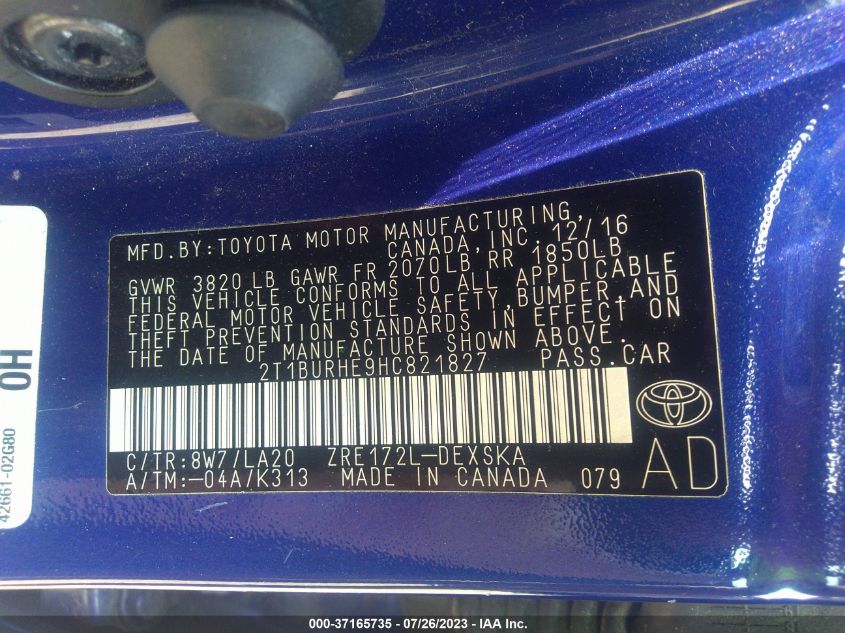 2017 TOYOTA COROLLA L/LE/XLE/SE/XSE - 2T1BURHE9HC821827
