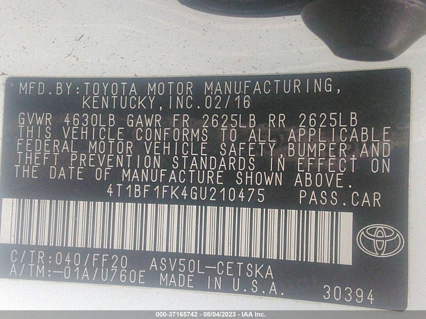 2016 TOYOTA CAMRY XLE/SE/LE/XSE - 4T1BF1FK4GU210475
