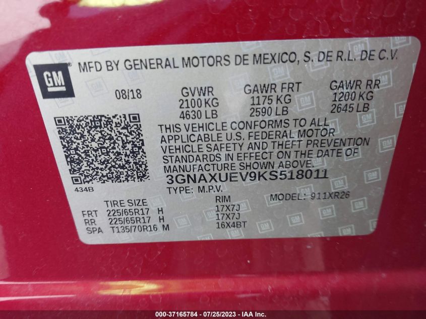 2019 CHEVROLET EQUINOX LT - 3GNAXUEV9KS518011