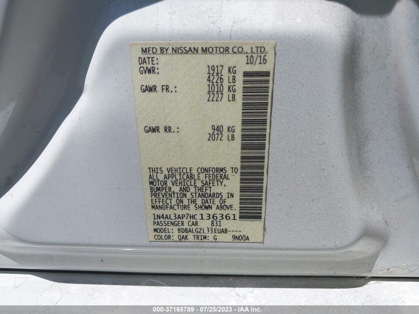 VIN 1N4AL3AP7HC136361 2017 NISSAN ALTIMA 2.5 S