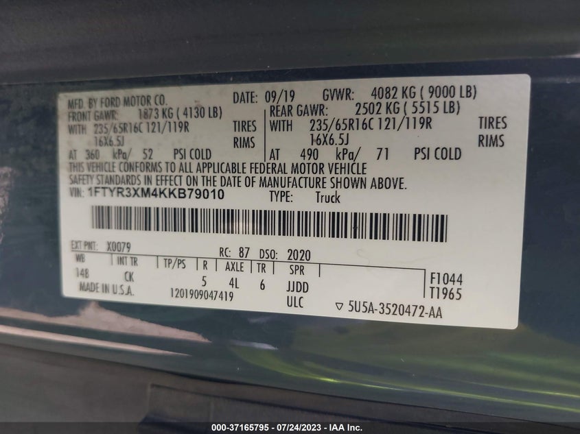 VIN 1FTYR3XM4KKB79010 2019 FORD TRANSIT VAN