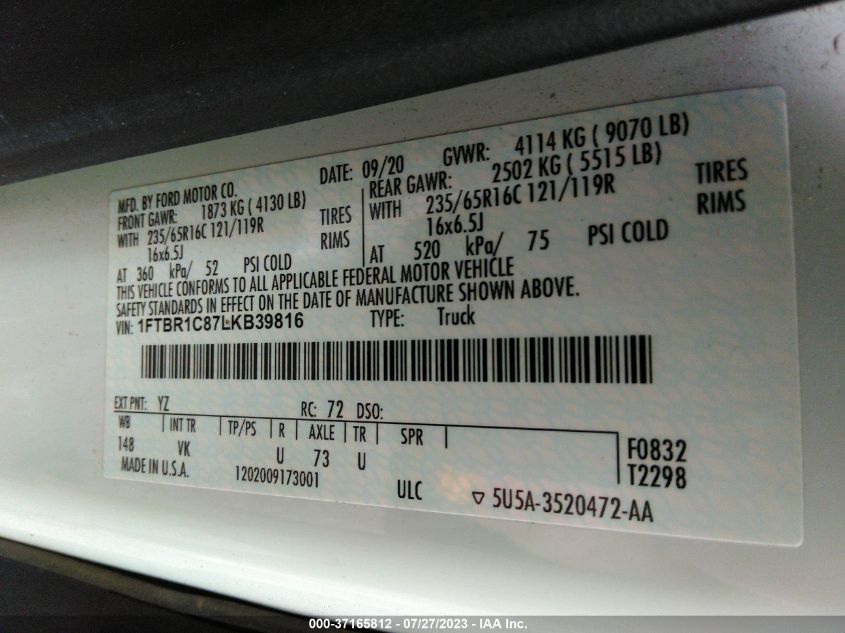 2020 FORD TRANSIT CARGO VAN - 1FTBR1C87LKB39816
