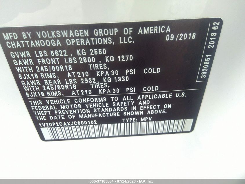 2018 VOLKSWAGEN ATLAS 2.0T SE - 1V2DP2CAXJC600102