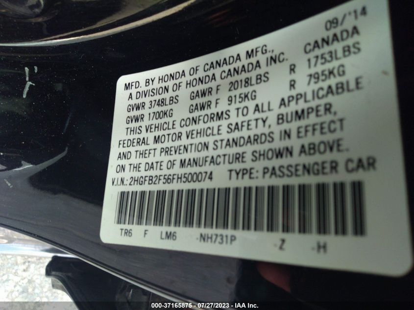 2015 HONDA CIVIC SEDAN LX - 2HGFB2F56FH500074