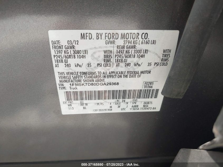 2013 FORD EXPLORER XLT - 1FM5K7D80DGA29368