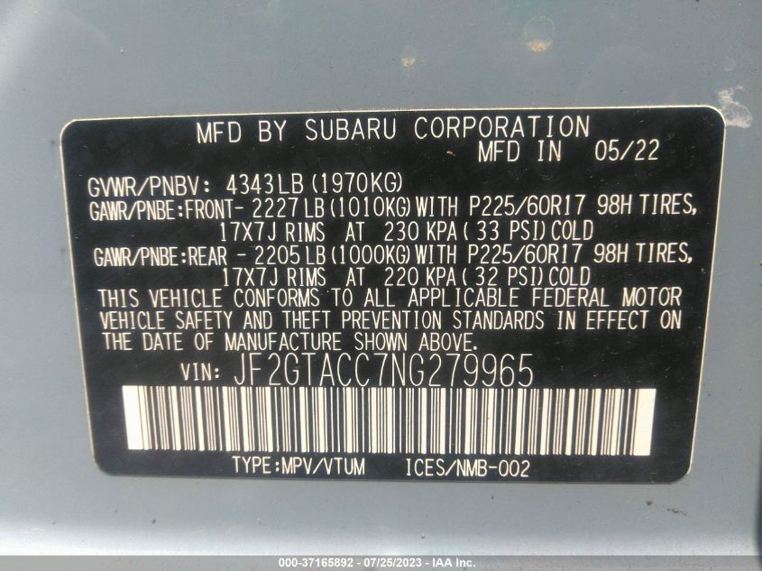 2022 SUBARU CROSSTREK PREMIUM - JF2GTACC7NG279965