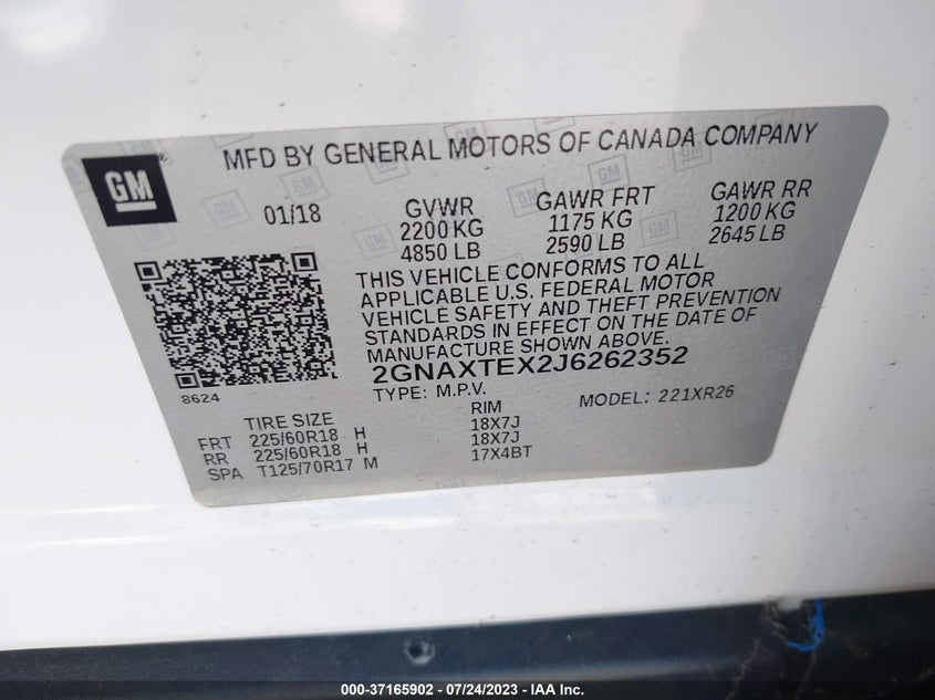 VIN 2GNAXTEX2J6262352 2018 CHEVROLET EQUINOX LT
