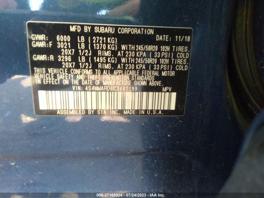VIN 4S4WMARD6K3441199 2019 SUBARU ASCENT TOURING