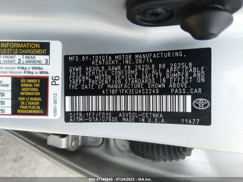 2014 TOYOTA CAMRY L/LE/XLE/SE/SE SPORT - 4T1BF1FK3EU452249