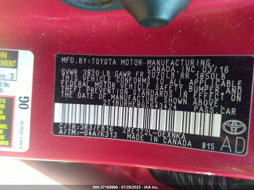 2016 TOYOTA COROLLA L/LE/LE PLS/PRM/S/S PLS - 2T1BURHE8GC643424