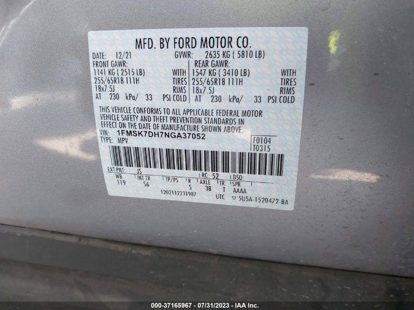 2022 FORD EXPLORER XLT - 1FMSK7DH7NGA37052