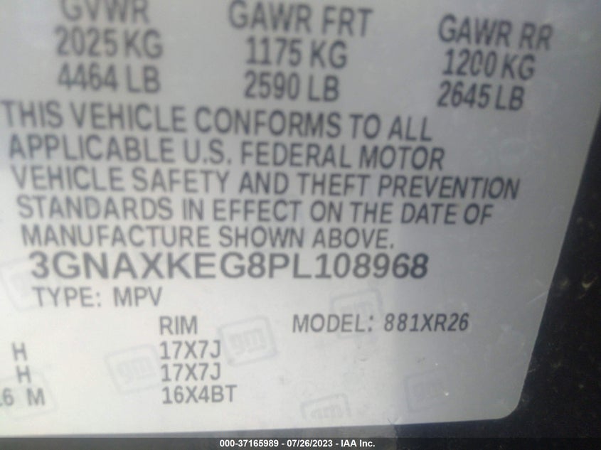 VIN 3GNAXKEG8PL108968 2023 CHEVROLET EQUINOX LT
