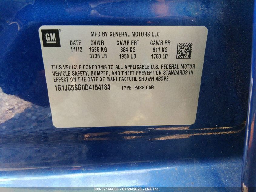 2013 CHEVROLET SONIC LT - 1G1JC5SG0D4154184