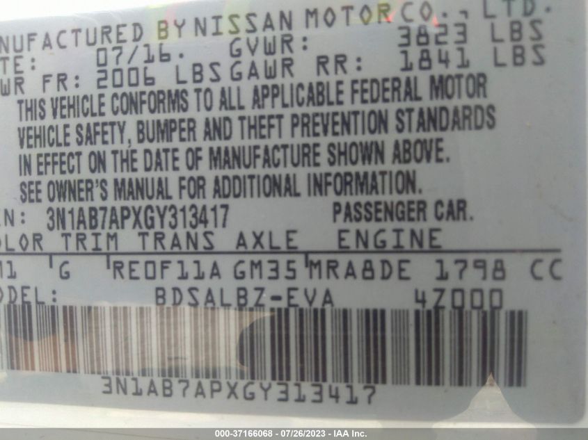 2016 NISSAN SENTRA S - 3N1AB7APXGY313417