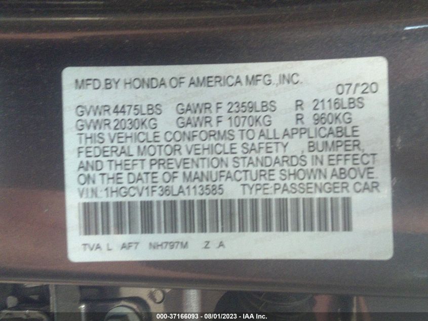 2020 HONDA ACCORD SEDAN SPORT - 1HGCV1F36LA113585