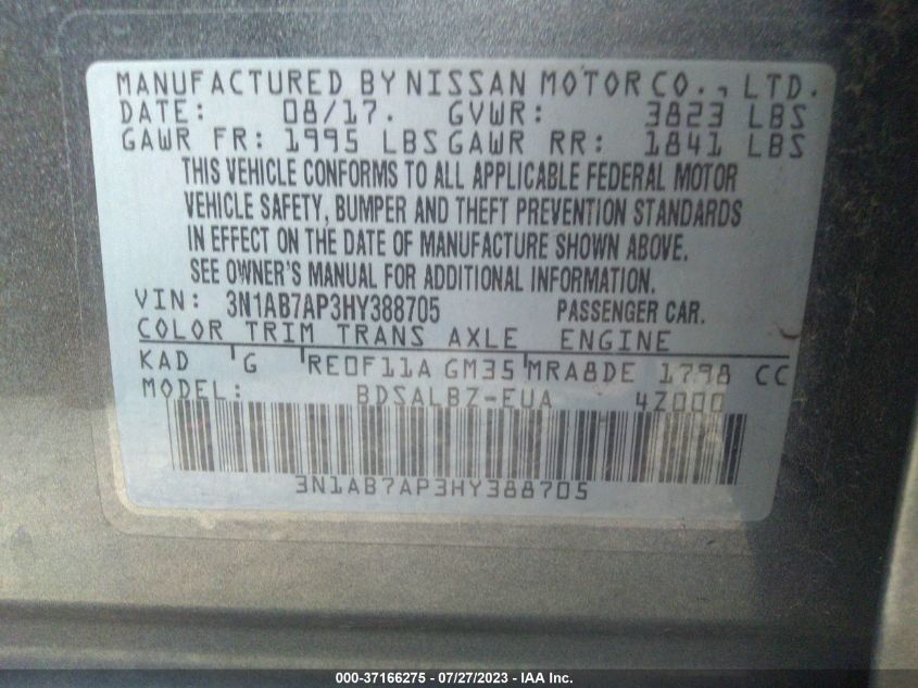 2017 NISSAN SENTRA S - 3N1AB7AP3HY388705