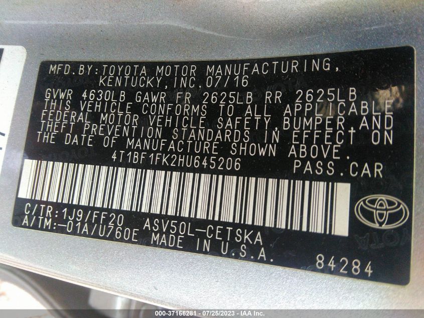 2017 TOYOTA CAMRY LE/XLE/SE/XSE - 4T1BF1FK2HU645206