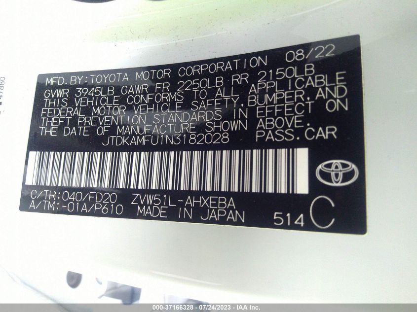 2022 TOYOTA PRIUS L - JTDKAMFU1N3182028