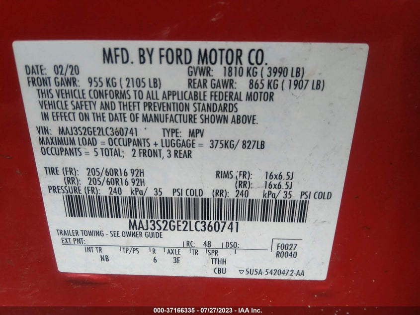 VIN MAJ3S2GE2LC360741 2020 FORD ECOSPORT SE