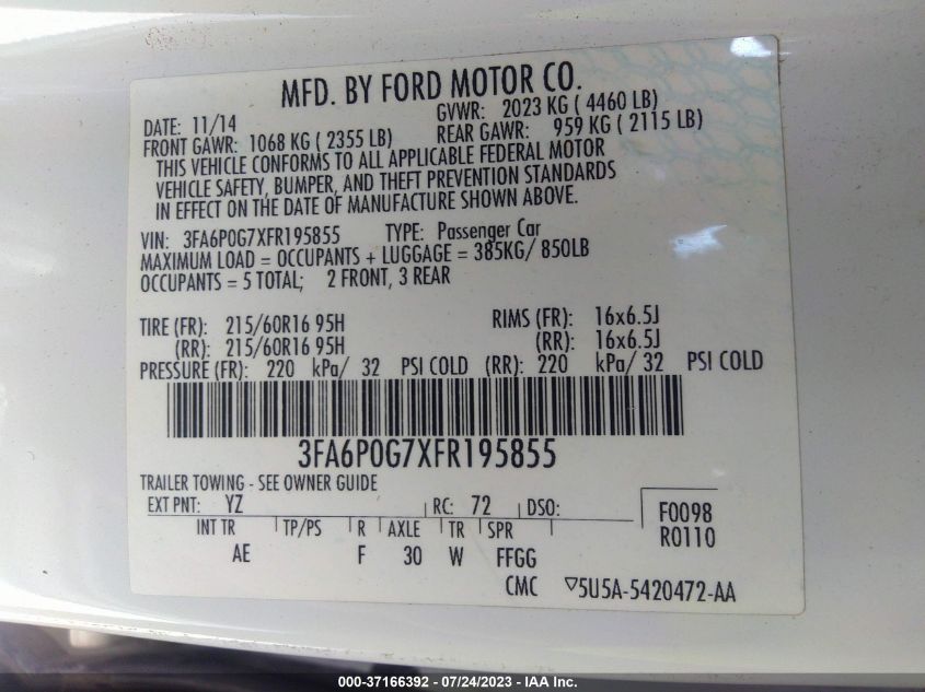 2015 FORD FUSION S - 3FA6P0G7XFR195855