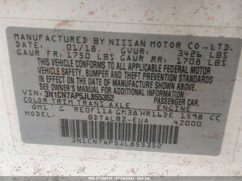 2018 NISSAN VERSA SEDAN SV - 3N1CN7AP5JL855352