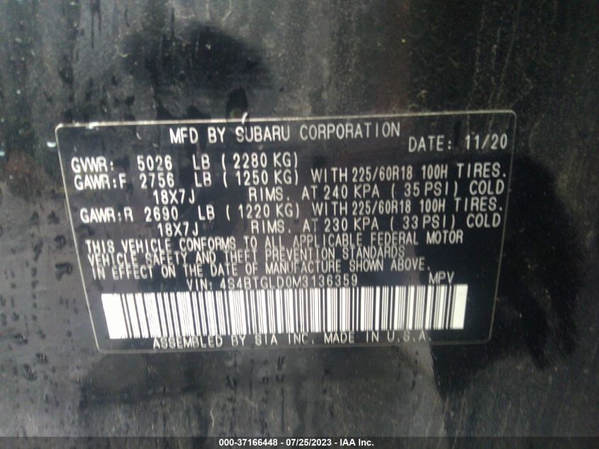 2021 SUBARU OUTBACK ONYX EDITION XT - 4S4BTGLD0M3136359