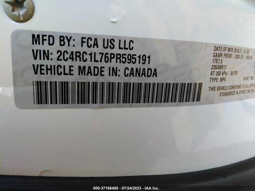 VIN 2C4RC1L76PR595191 2023 CHRYSLER PACIFICA