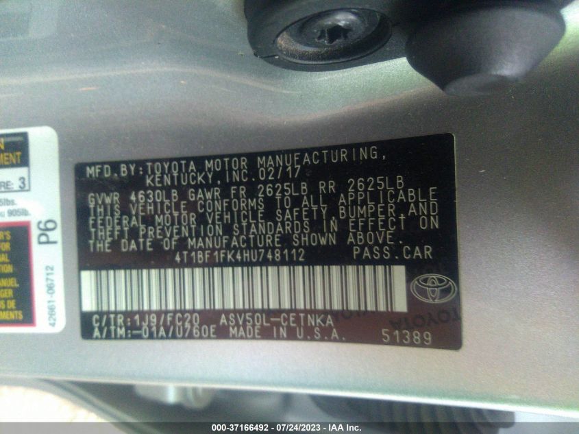 2017 TOYOTA CAMRY XLE/SE/LE/XSE - 4T1BF1FK4HU748112