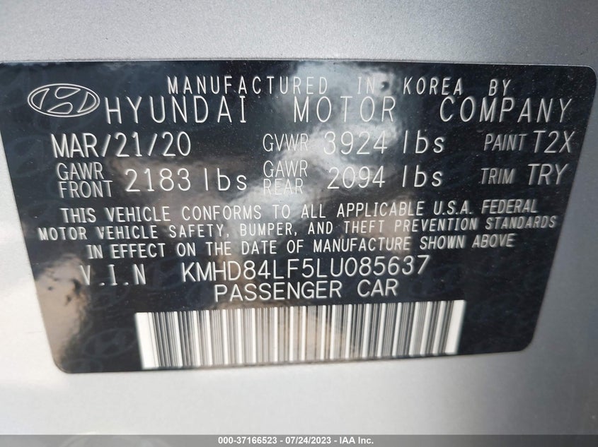 VIN KMHD84LF5LU085637 2020 HYUNDAI ELANTRA SEL