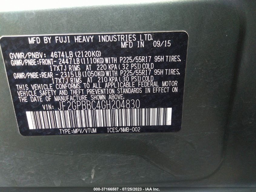 2016 SUBARU CROSSTREK HYBRID JF2GPBBC4GH204830