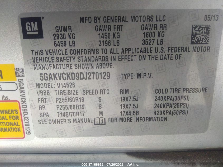 2013 BUICK ENCLAVE - 5GAKVCKD9DJ270129