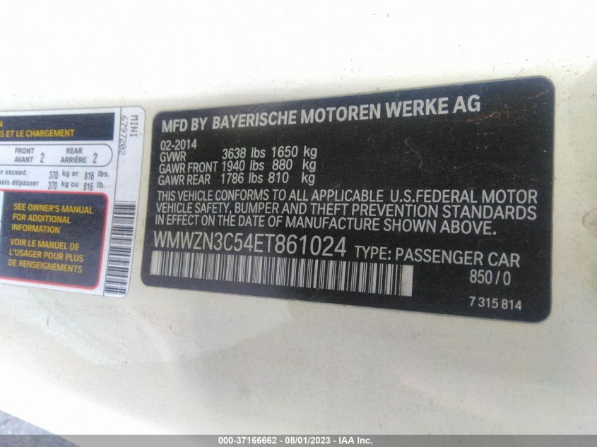 2014 MINI CONVERTIBLE COOPER WMWZN3C54ET861024