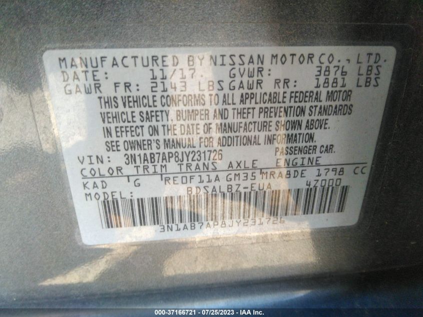 2018 NISSAN SENTRA S/SV/SR/SL - 3N1AB7AP8JY231726