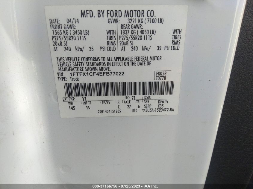 2014 FORD F-150 XL/XLT/STX/FX2/LARIAT - 1FTFX1CF4EFB77022