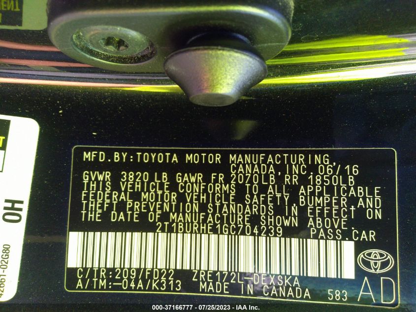 2016 TOYOTA COROLLA L/LE/S/S PLUS/LE PLUS - 2T1BURHE1GC704239