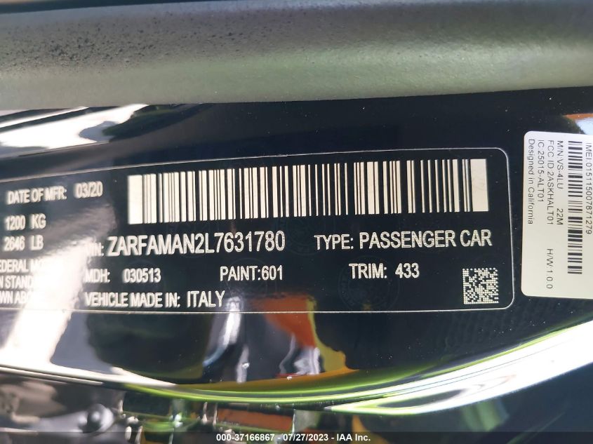 VIN ZARFAMAN2L7631780 2020 ALFA ROMEO GIULIA