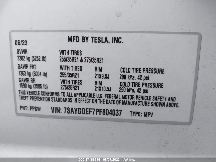 VIN 7SAYGDEF7PF804037 2023 TESLA MODEL Y PERFORMANCE