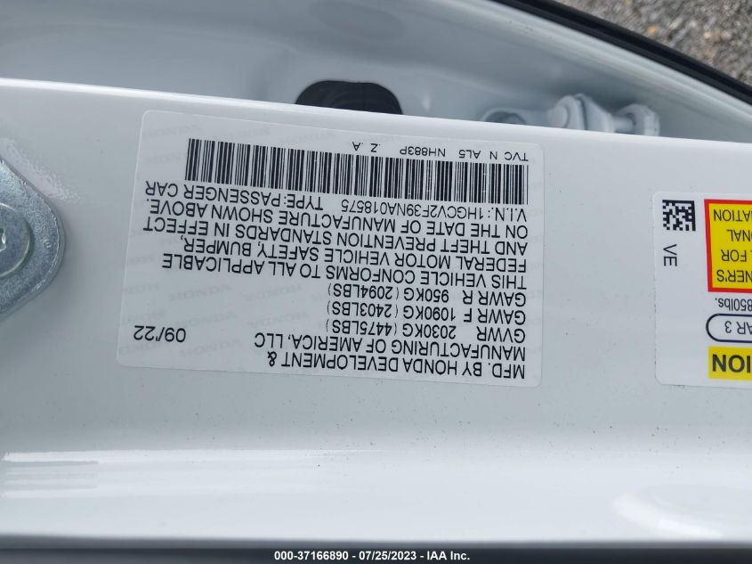 2022 HONDA ACCORD SEDAN SPORT - 1HGCV2F39NA018575